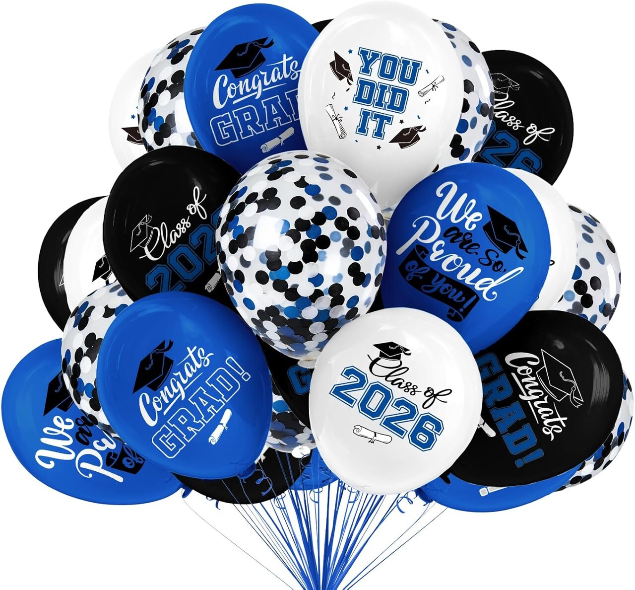 Graduation Party Balloons 2026 – 63PCS Blue & Black Latex Balloon Set with Congrats Grad Caps, Ribbons & Class of 2026 Designs